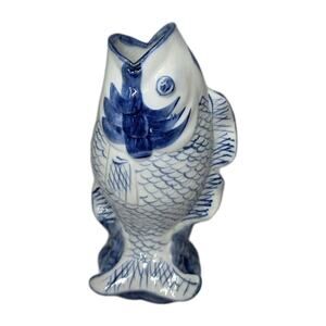 Vintage 9" Williams Sonoma Jumping Koi Fish Vase Blue White Hand Painted
